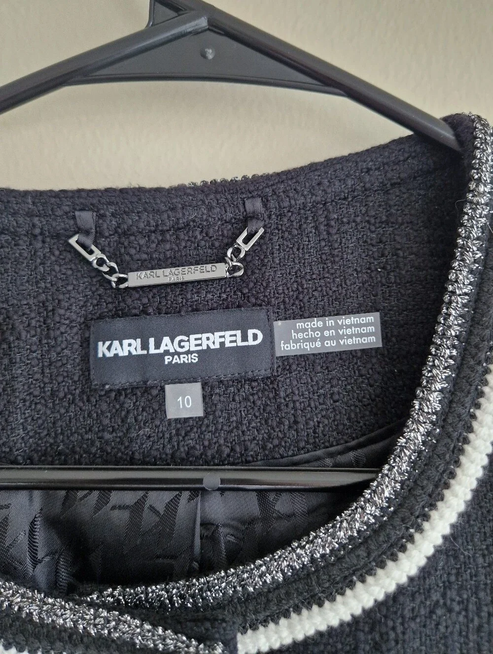 Karl Lagerfeld Black Tweed Boxy Jacket with White Trim - Picture 3 of 5